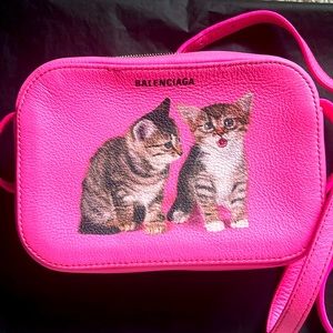 Balenciaga Kitten xs camera bag in bright pink. Pebbled leather. Dust bag.